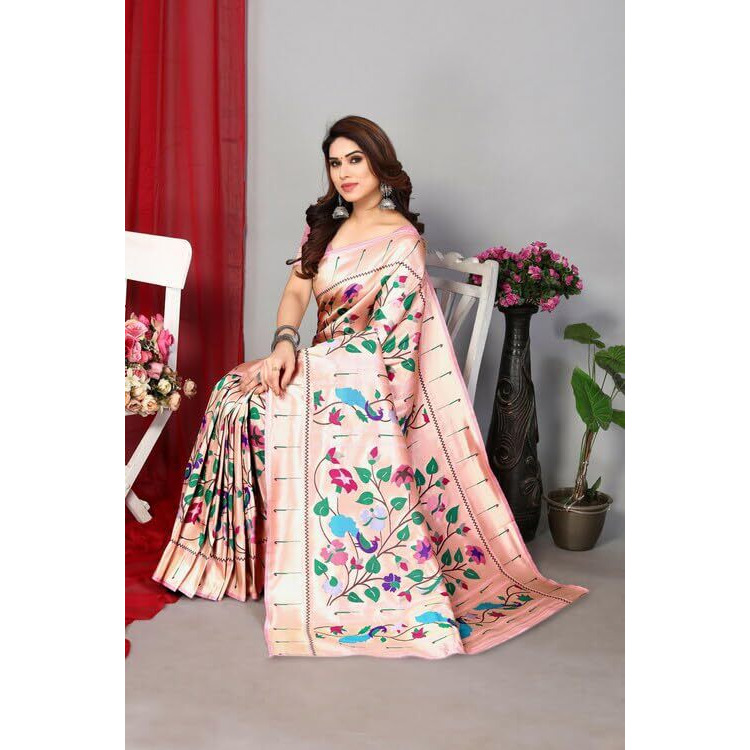 Jaanvi Fashion Women's Paithani Silk Saree With Zari Work & Blouse Piece (Vishakha-Pink)