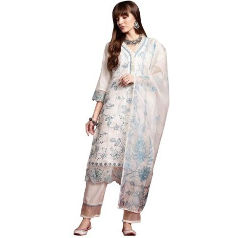 Indo Era Women's Off White Silk Blend Embroidered Straight Kurta And Pant With Dupatta Set (Kh9Ow6656_Small)