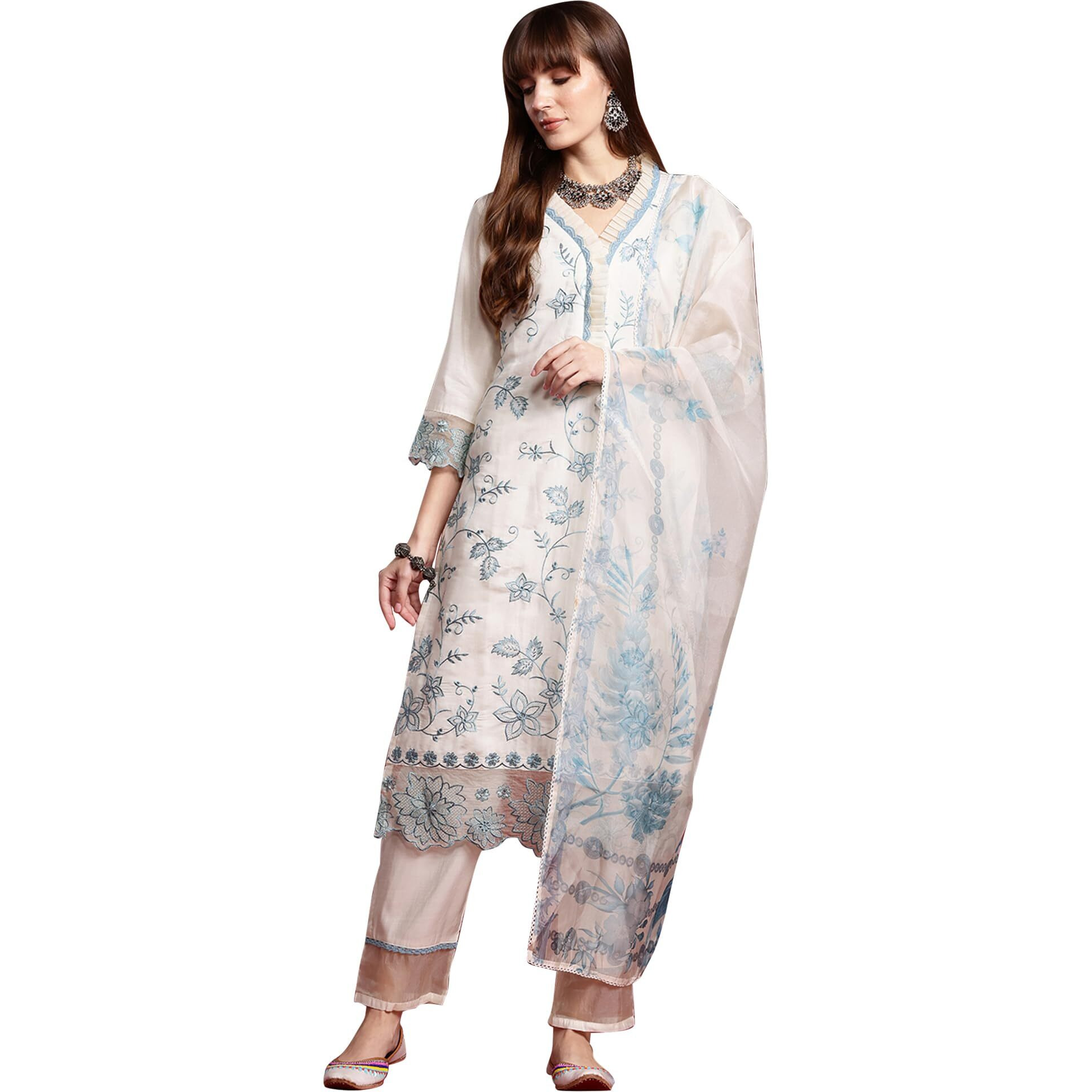 Indo Era Women's Off White Silk Blend Embroidered Straight Kurta & Pant With Dupatta Suit Set (Kh9Ow6656_X-Large)