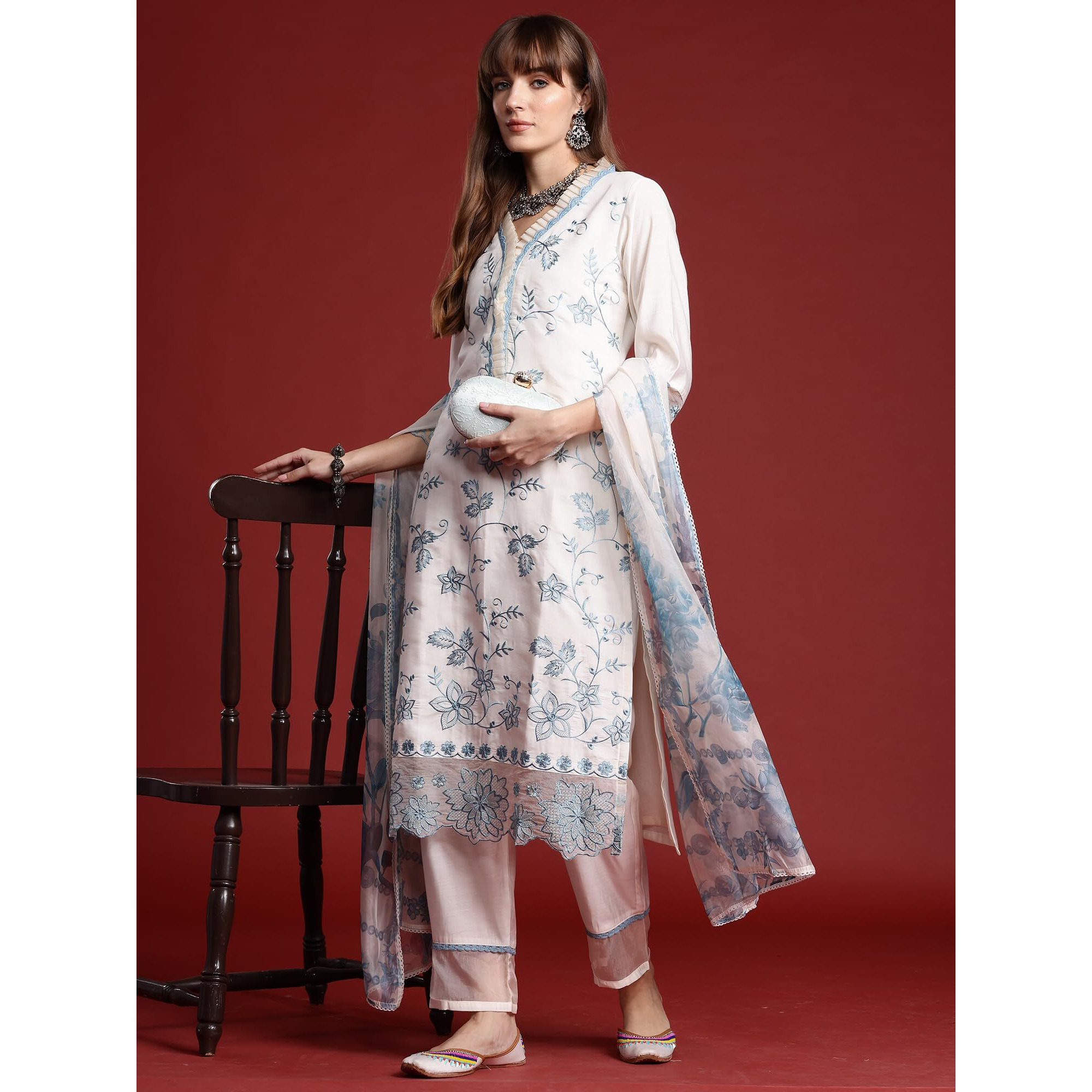 Indo Era Women's Off White Silk Blend Embroidered Straight Kurta & Pant With Dupatta Suit Set (Kh9Ow6656_X-Large)