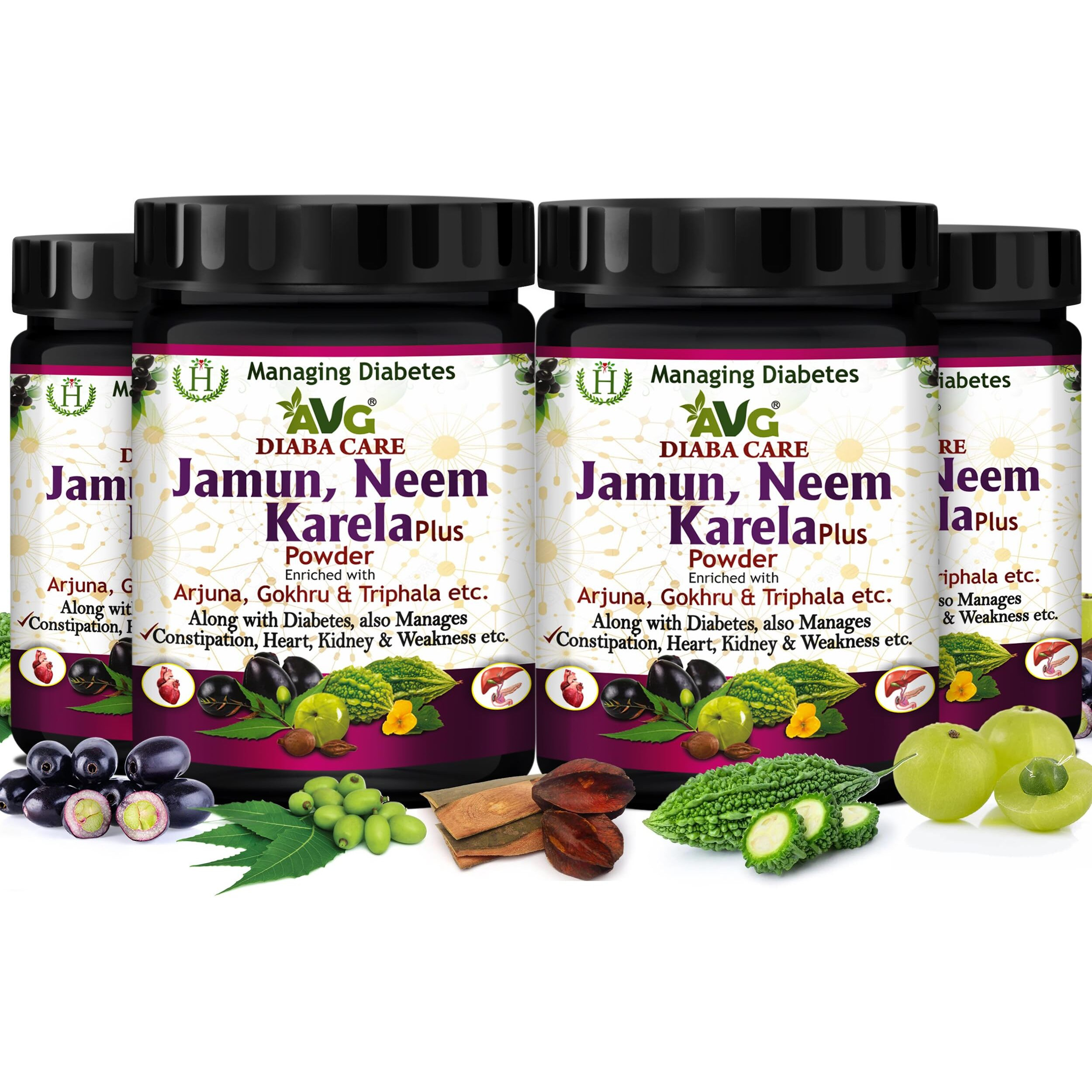 Avg Health Organics Diaba Care Karela Jamun Neem Powder 200Gm Each, Pack Of 4 Diabetes Care Ayurvedic Supplement With Arjuna, Gokhru & Triphala, Helps In Relieving Constipation