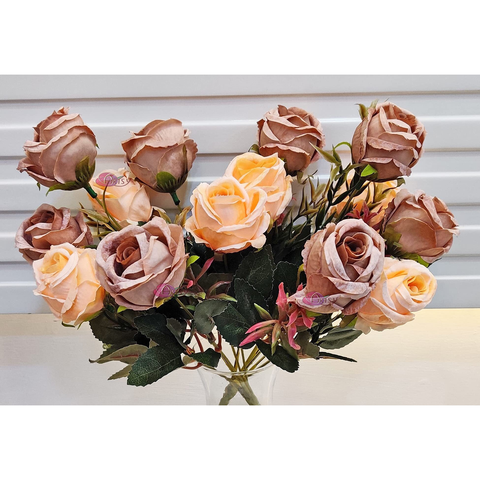 Artsy Artificial Flowers Bunch For Decoration Rose Flowers, Ideal For Vase, Home, Office Decor, Gifts, Craft, Artificial Plants For Decoration, Without Vase, Coffee, Combo, 2 Piece, 35 Cm Height