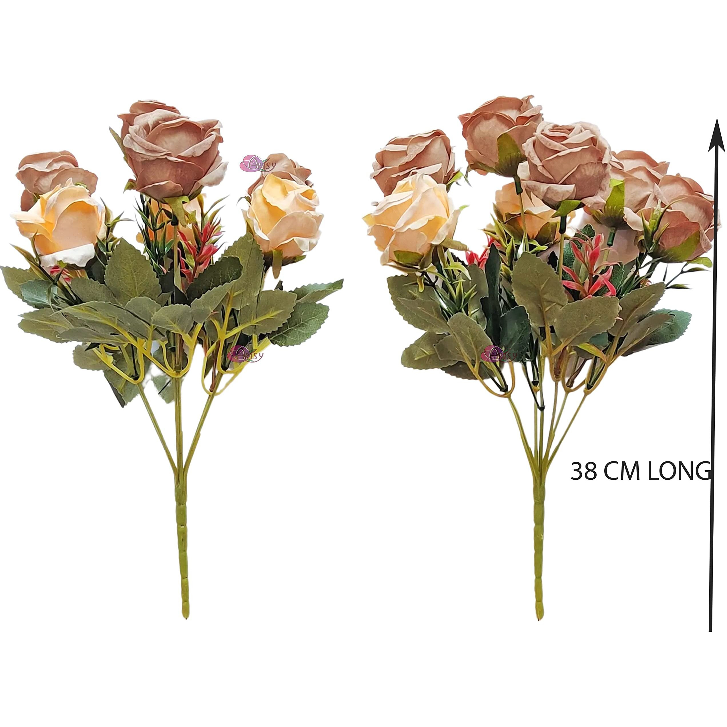 Artsy Artificial Flowers Bunch For Decoration Rose Flowers, Ideal For Vase, Home, Office Decor, Gifts, Craft, Artificial Plants For Decoration, Without Vase, Coffee, Combo, 2 Piece, 35 Cm Height
