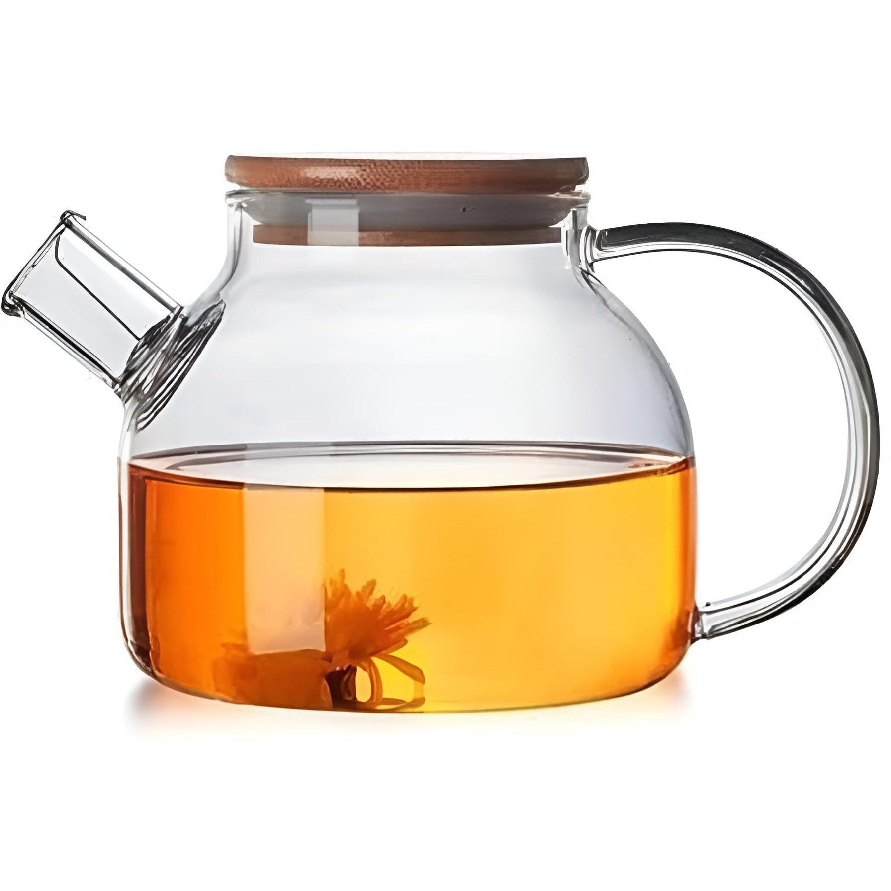 Vendly Stylish Loose Leaf Tea Teapot  Clear Glass With Easy Pour Spout, Glass Handle & Stainless Steel Infuser 1-Ltr (Wooden Lid)