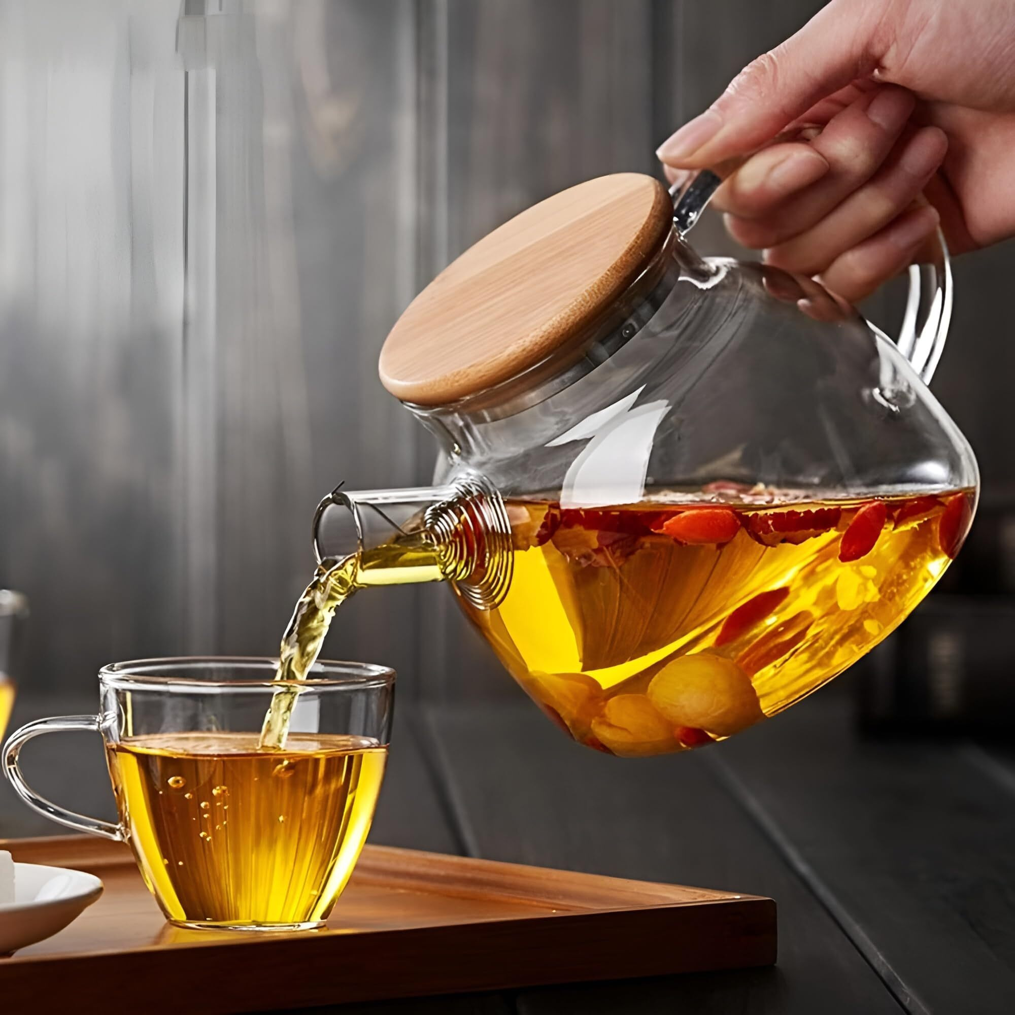 Vendly Stylish Loose Leaf Tea Teapot  Clear Glass With Easy Pour Spout, Glass Handle & Stainless Steel Infuser 1-Ltr (Wooden Lid)