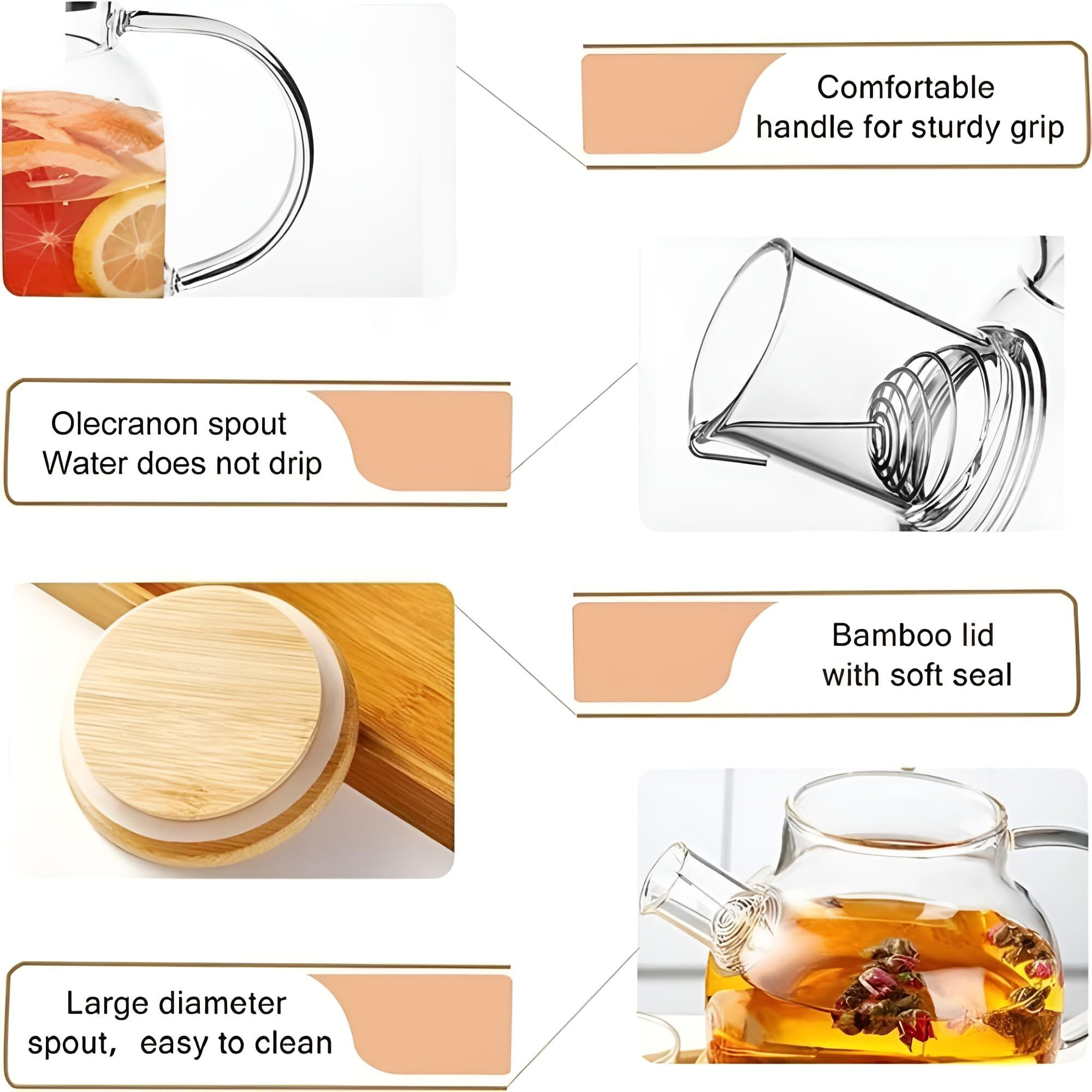 Vendly Stylish Loose Leaf Tea Teapot  Clear Glass With Easy Pour Spout, Glass Handle & Stainless Steel Infuser 1-Ltr (Wooden Lid)