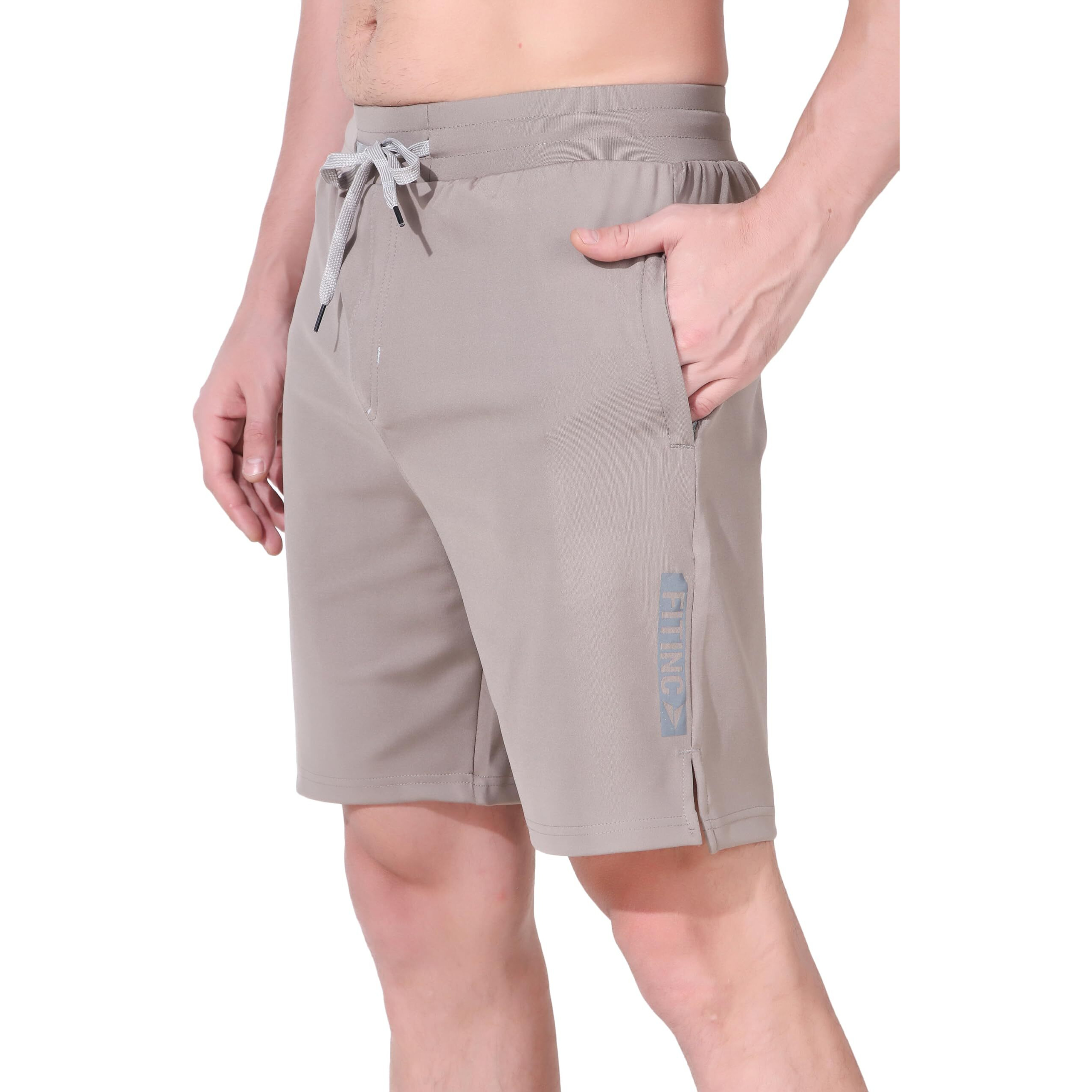 Fitinc Stretchable Slim Fit Shorts For Men | Dry-Fit Half Pant For Man | Polyester Shorts For Men With Zip Pockets For Training, Workout, Yoga & Sports Outdoor Activities - Large, Silver Mink