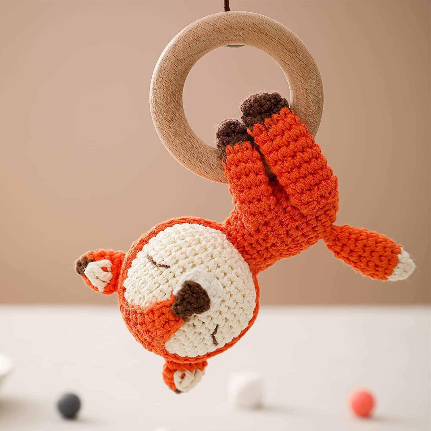 Sycamore East Wooden Baby Rattle Crochet Fox Baby Toys Handmade Newborn Toy Early Development Grips Stuffed Animal Organic Rattle (Fox)
