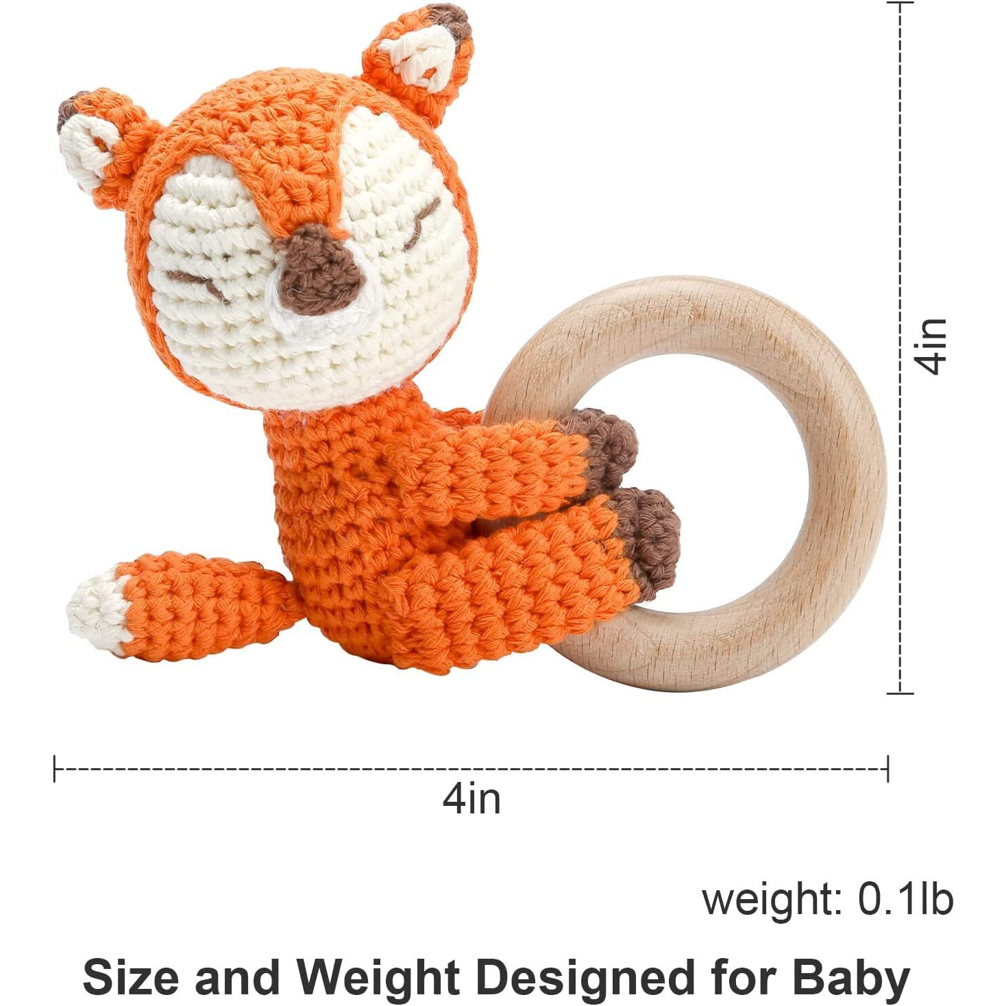 Sycamore East Wooden Baby Rattle Crochet Fox Baby Toys Handmade Newborn Toy Early Development Grips Stuffed Animal Organic Rattle (Fox)