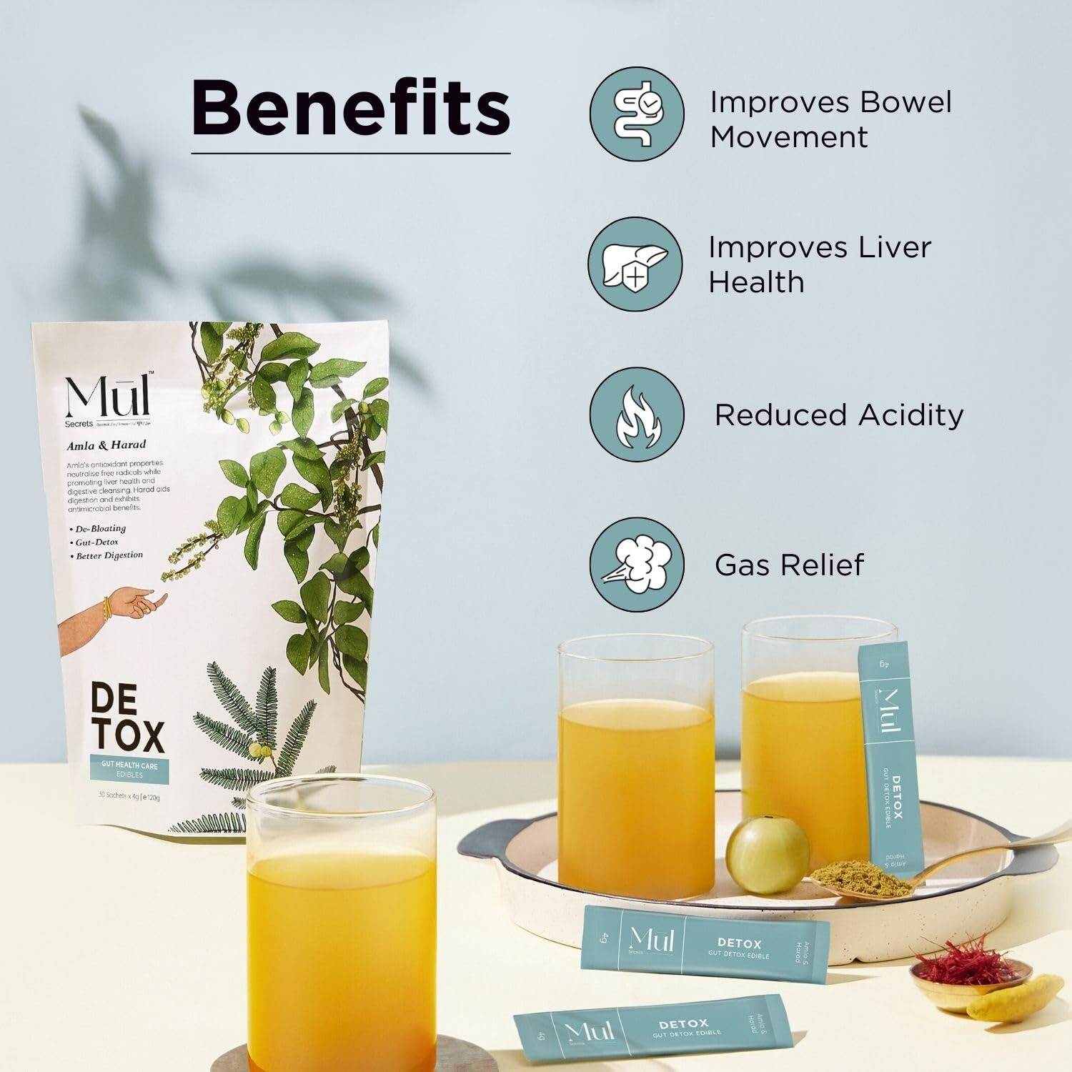 Mul Secrets Detox Gut Health Supplement - 405 Gm, Ayurvedic Drink, Amla, Vitamin A, C, E, Relieves Acidity, Constipation & Bloating, No Preservatives, No Added Sugar (30 Sachets, Pack Of 3)