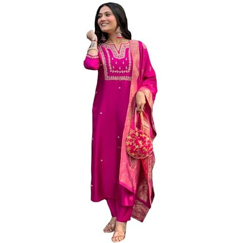 Gosriki Women's Rayon Blend Straight Embroidered Kurta With Pant & Dupatta (Kosapet Pink-Gs_5Xl_Pink_Xxxxx-Large)