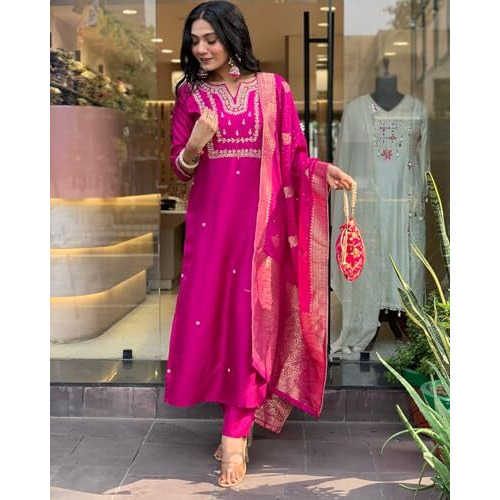 Gosriki Women's Rayon Blend Straight Embroidered Kurta With Pant & Dupatta (Kosapet Pink-Gs_5Xl_Pink_Xxxxx-Large)