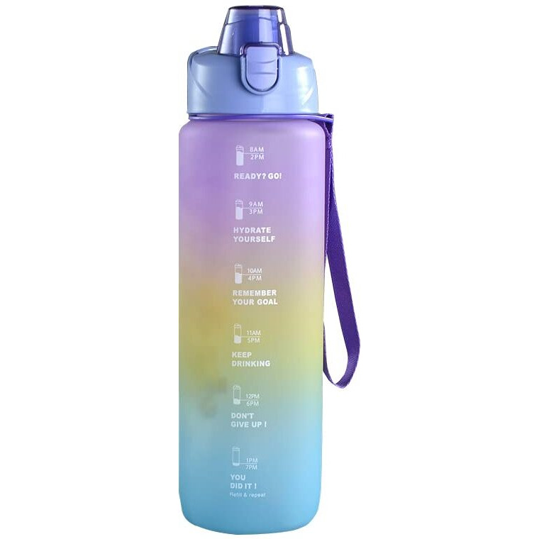 House Of Quirk Plastic 1 Liter Water Bottles With Time Markings, Bpa Free, Leak Proof, Measures How Much Water You Drink, Stylish Strap, Motivational Sports Water Bottle (Purple/Yellow/Green)