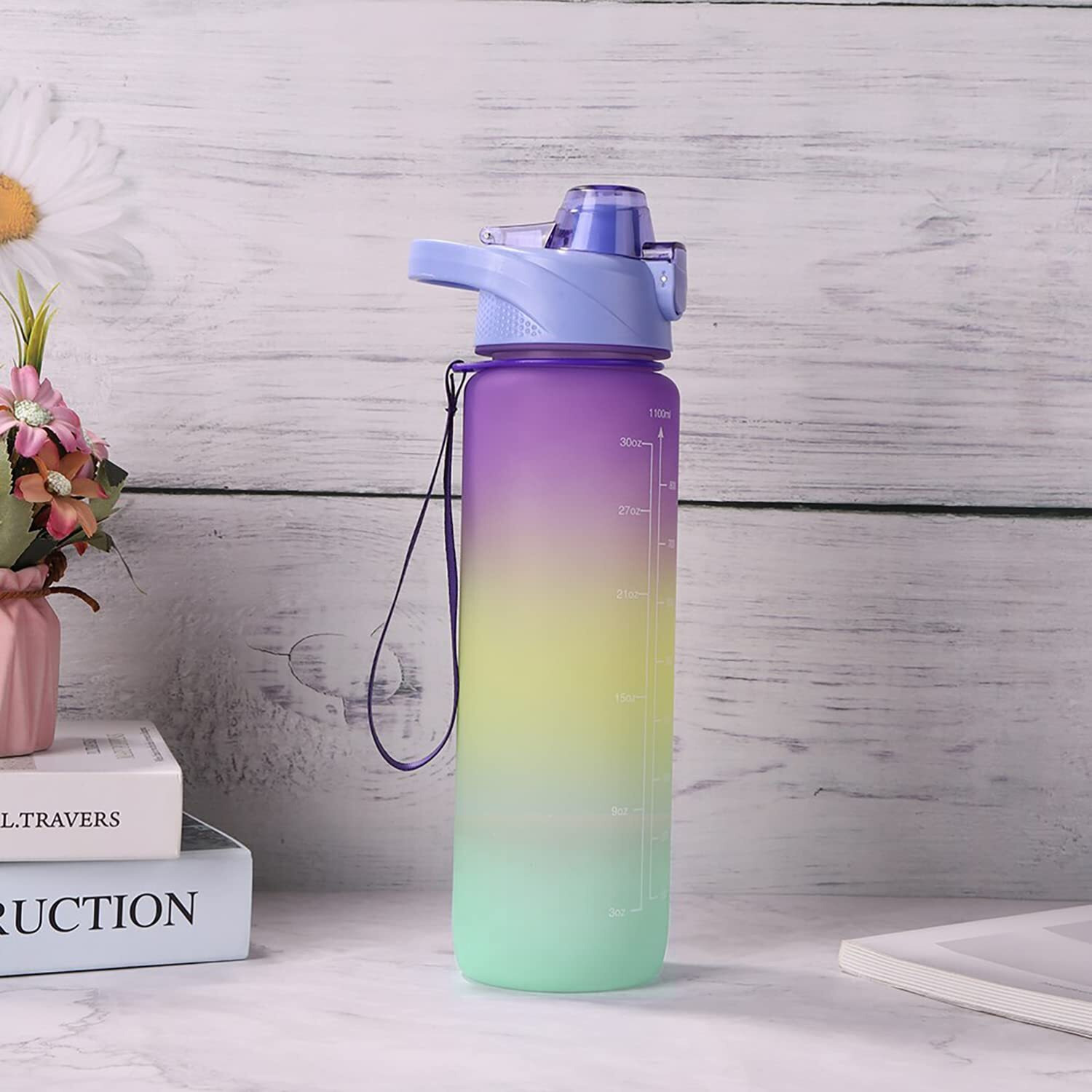 House Of Quirk Plastic 1 Liter Water Bottles With Time Markings, Bpa Free, Leak Proof, Measures How Much Water You Drink, Stylish Strap, Motivational Sports Water Bottle (Purple/Yellow/Green)