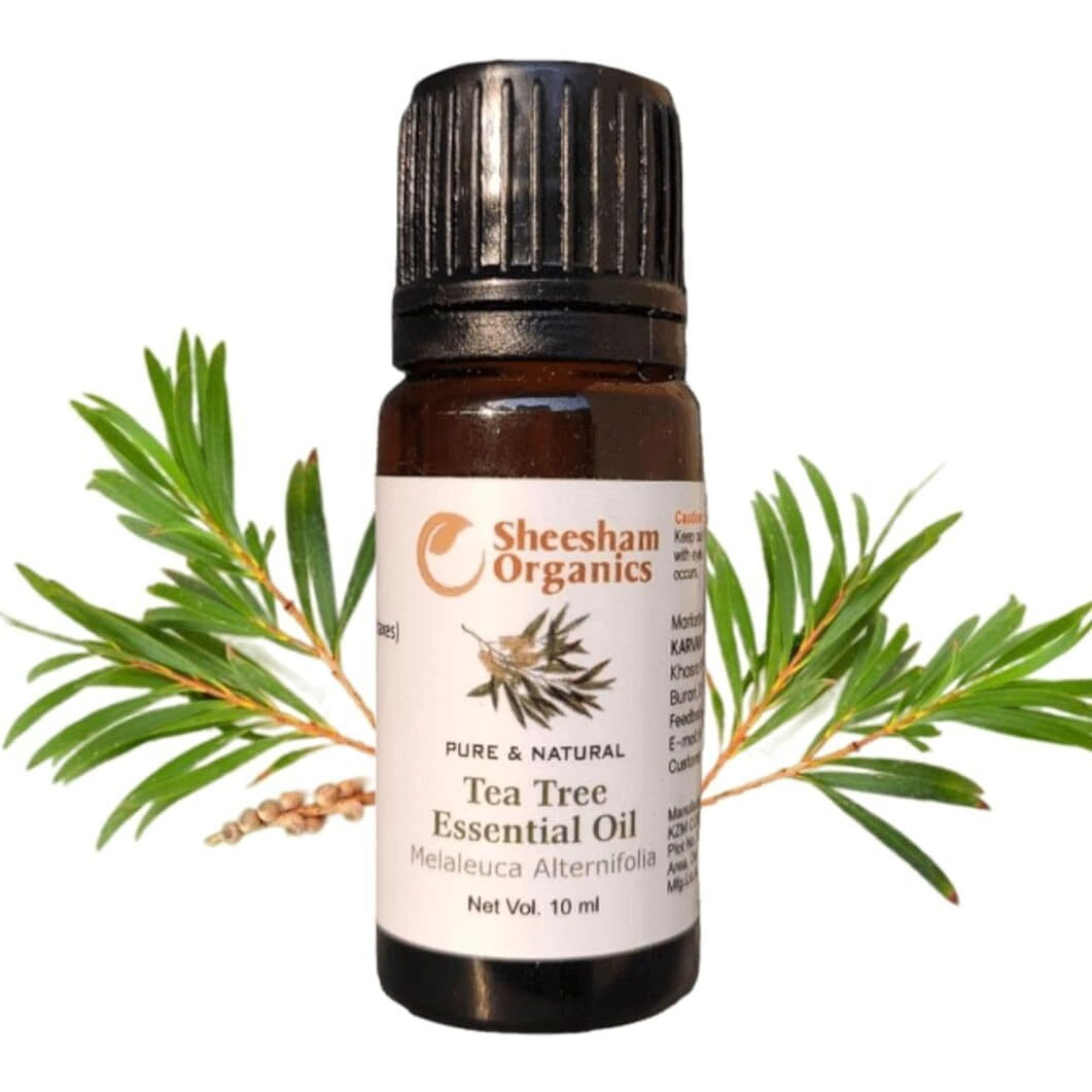 Sheesham Organics 10Ml Tea Tree Essential Oil For Skin, Help Blemish Acne, Pimples, Scars, Stress Relief, Anti-Dandruff & Aromatherapy | 100% Pure, Natural, Undiluted Oil For Hair And Body Care