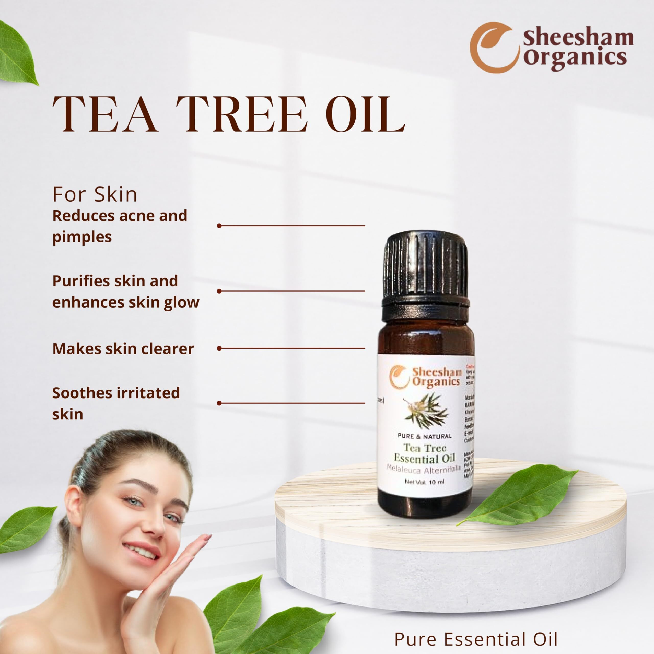 Sheesham Organics 10Ml Tea Tree Essential Oil For Skin, Help Blemish Acne, Pimples, Scars, Stress Relief, Anti-Dandruff & Aromatherapy | 100% Pure, Natural, Undiluted Oil For Hair And Body Care