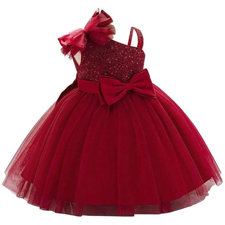 Niren Enterprise Barbet Sequence Embroidered Net Flaired Sleeve Less Baby Girl Frock (Red Barbet, 6-12M)