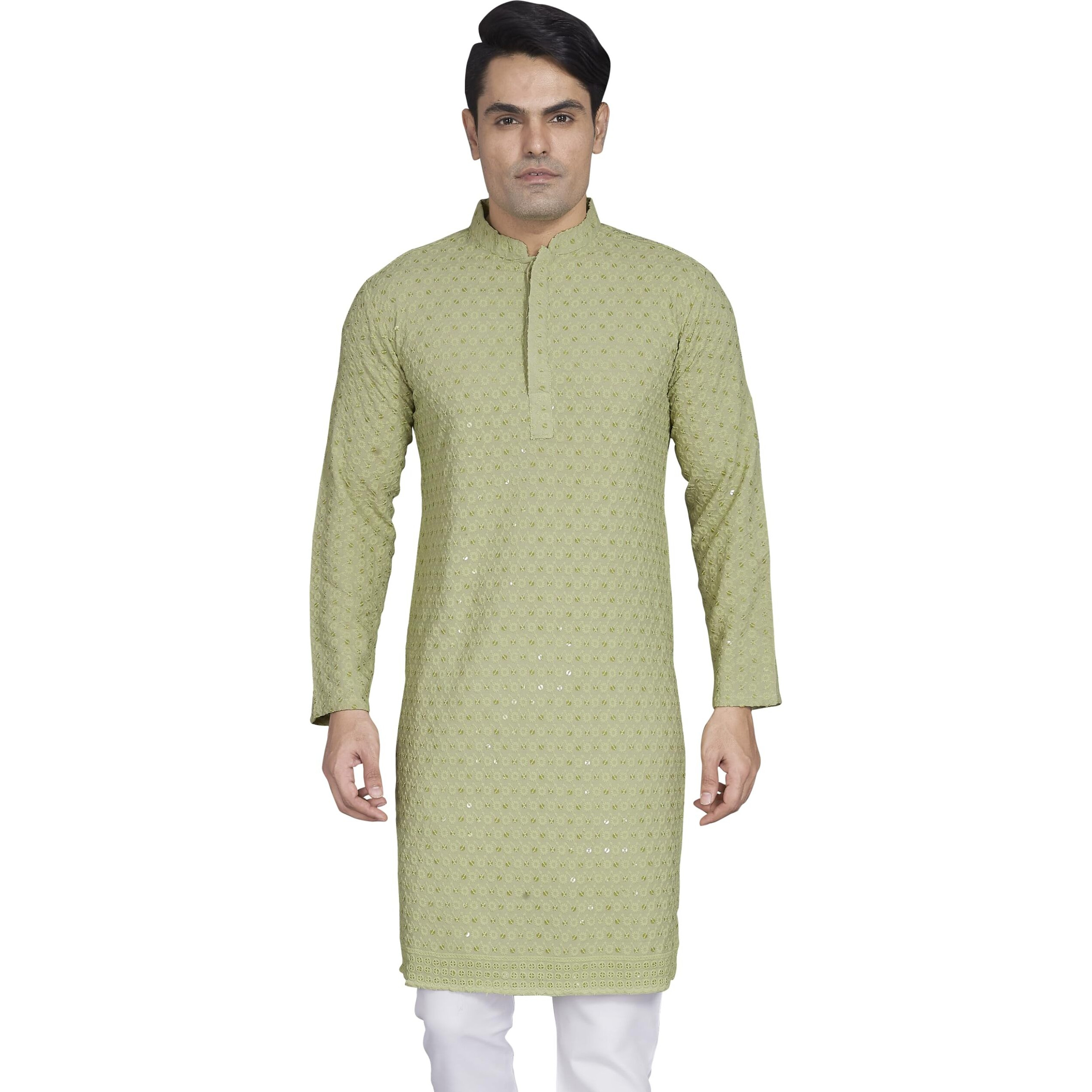 Divisive Men's Sequince Embroidered Cotton Blend Only Slim Fit Kurta (Dkrt882_L_Pista)