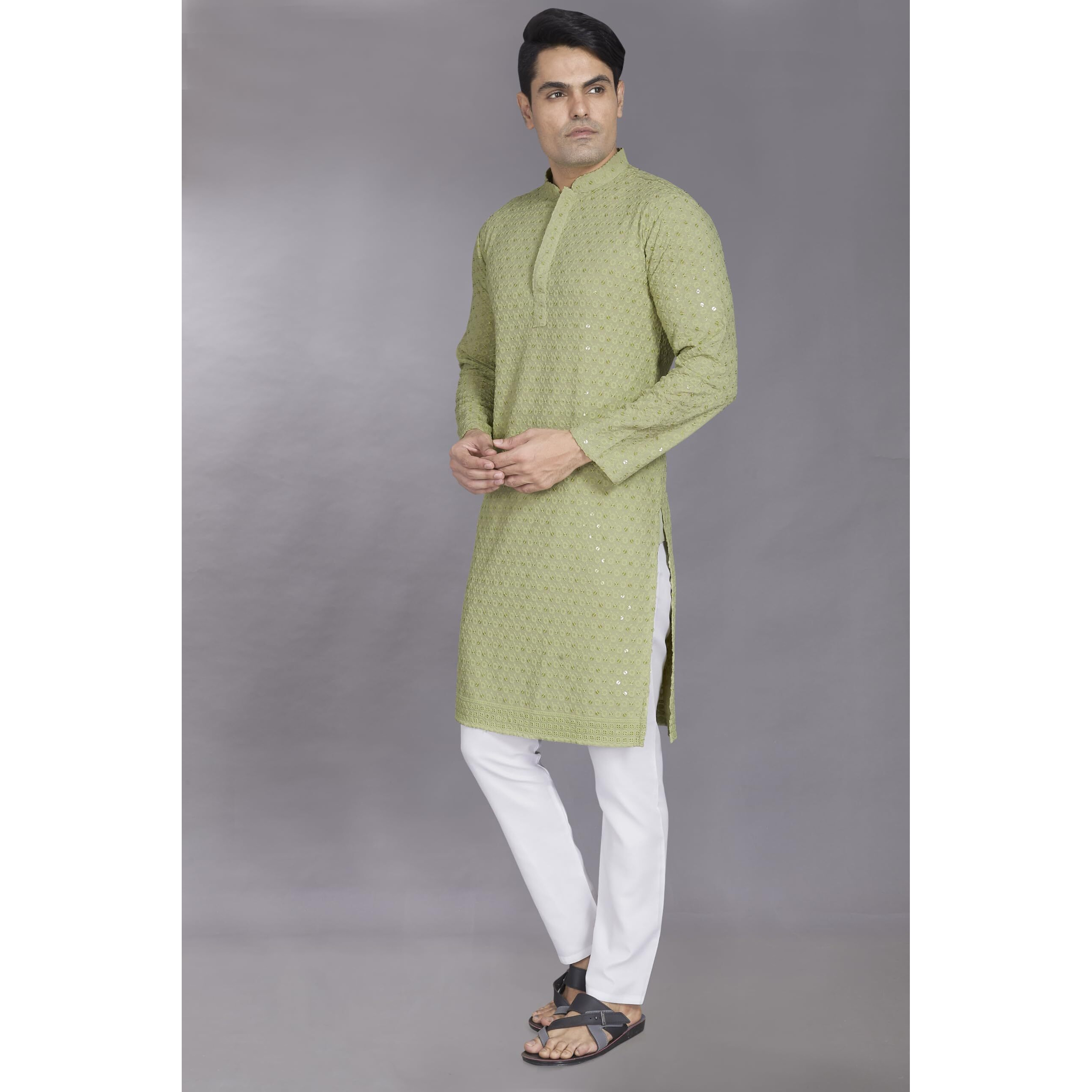 Divisive Men's Sequince Embroidered Cotton Blend Only Slim Fit Kurta (Dkrt882_L_Pista)