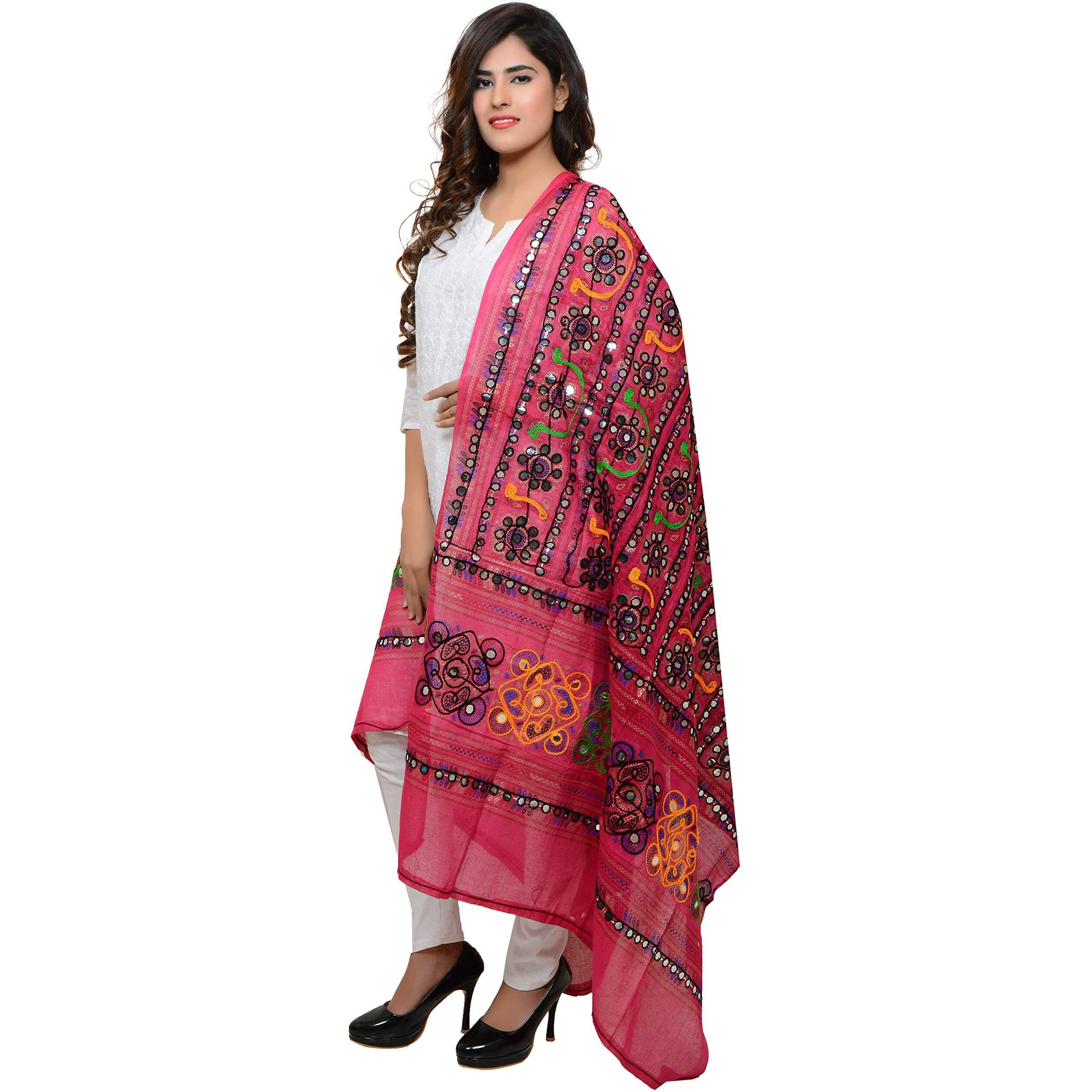 Banjara India Women's Cotton Embroidered Kutchi Dupatta Bharchak (Pink)