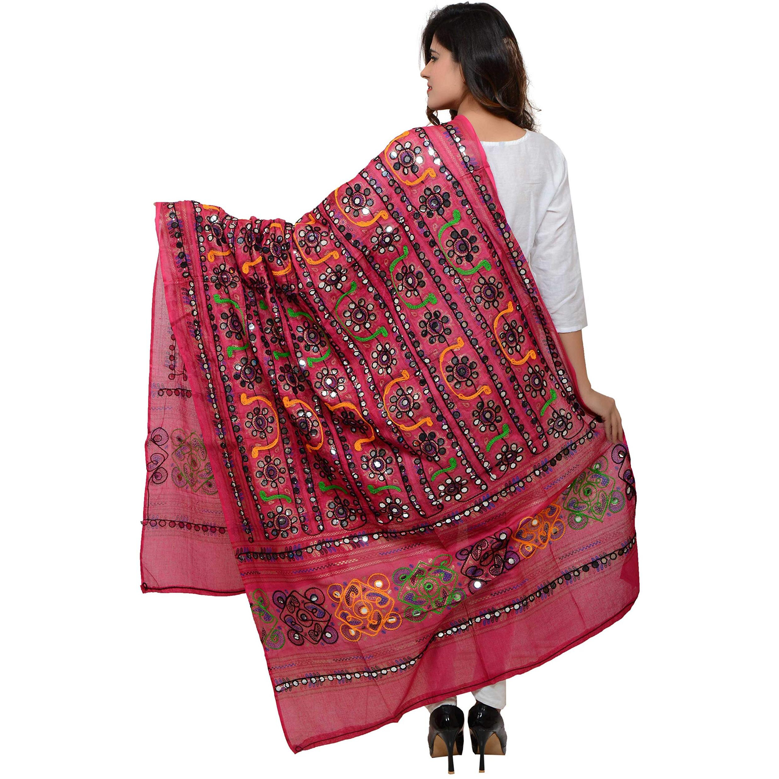 Banjara India Women's Cotton Embroidered Kutchi Dupatta Bharchak (Pink)