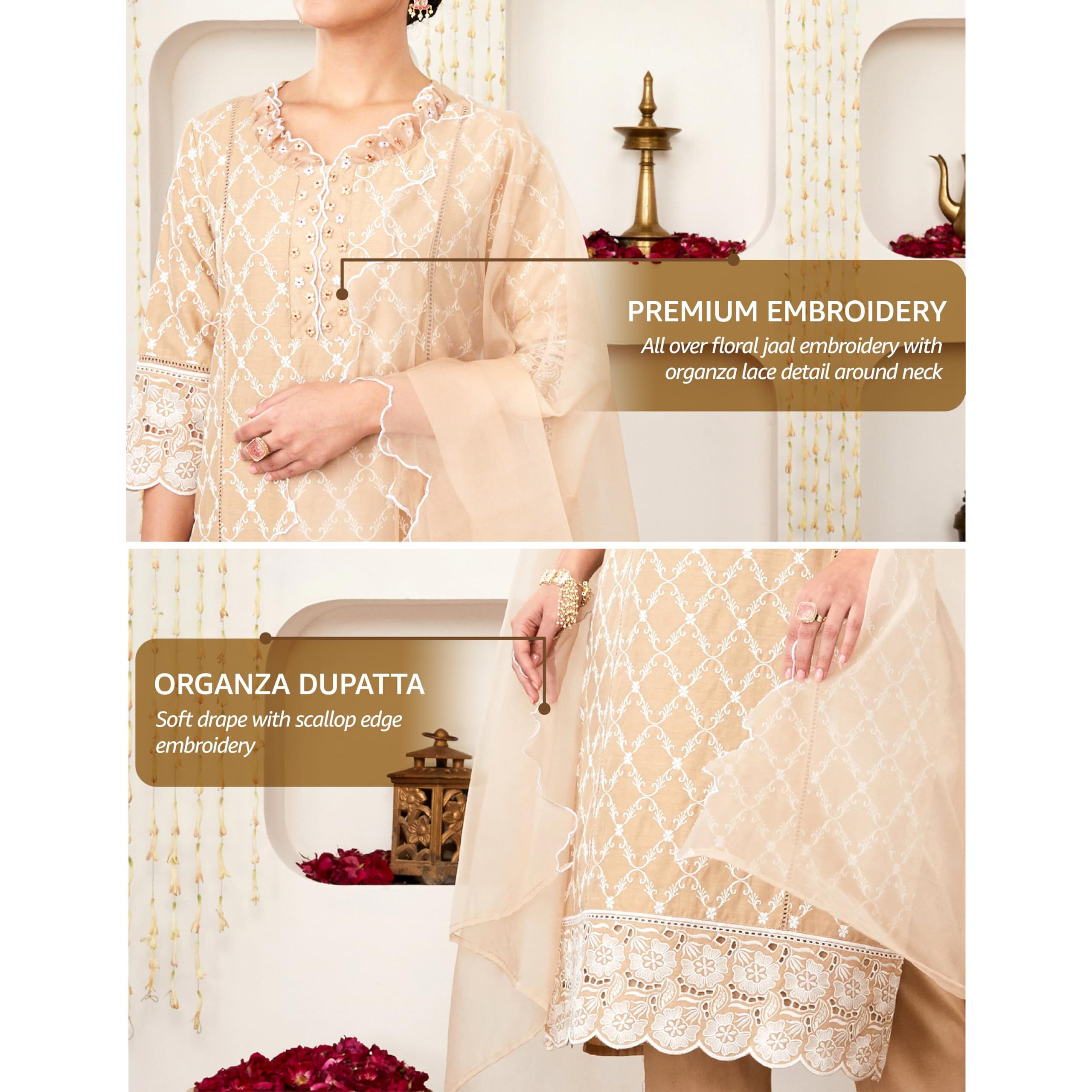 Amazon Brand - Myx Women's Embroidered Cotton Kurta Pant Set With Organza Dupatta (Ss25-Myx-Sur-Ks-18_Beige_M)