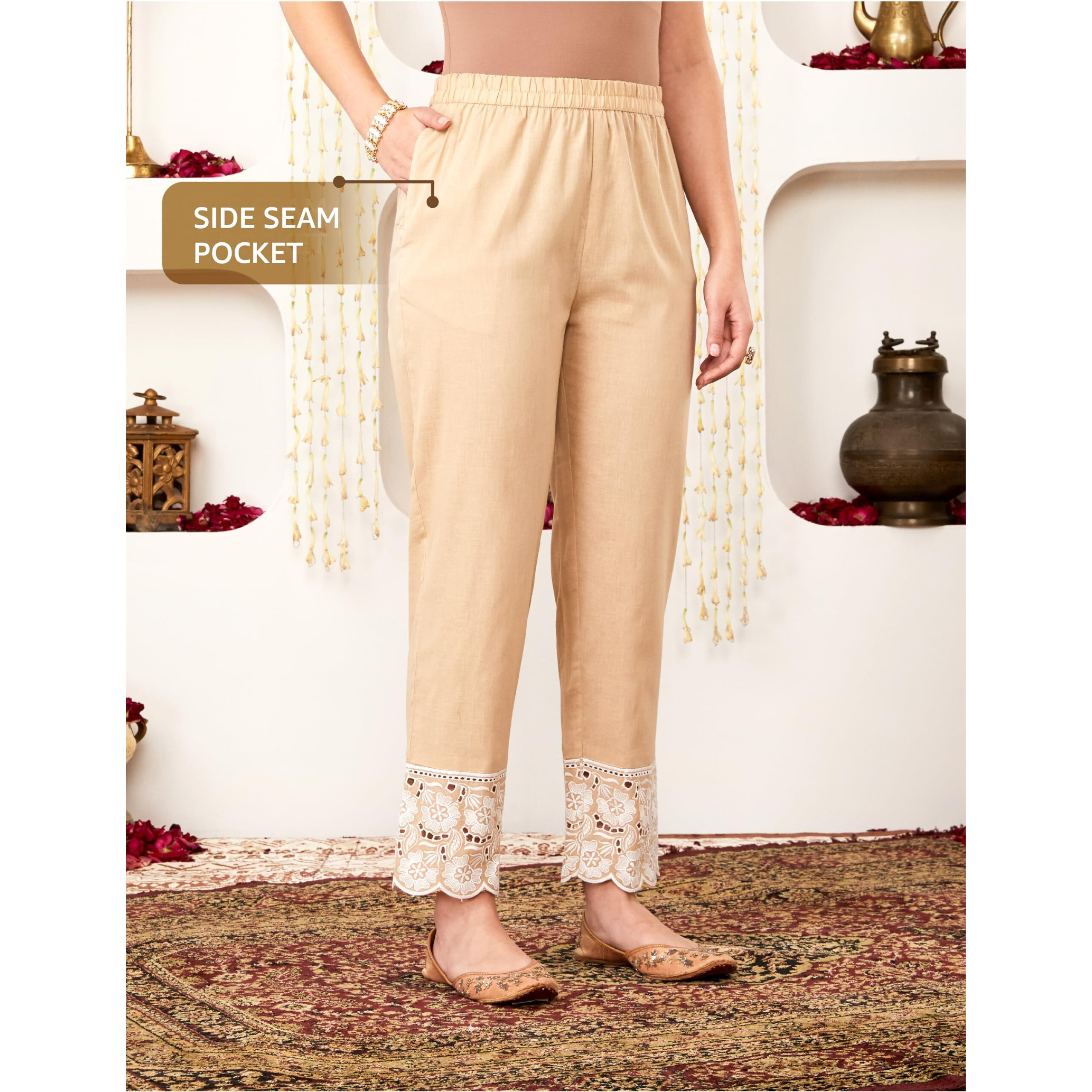 Amazon Brand - Myx Women's Embroidered Cotton Kurta Pant Set With Organza Dupatta (Ss25-Myx-Sur-Ks-18_Beige_M)