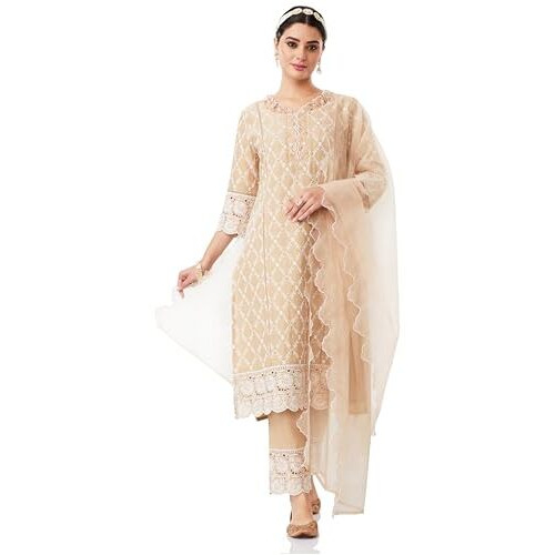 Amazon Brand - Myx Women's Embroidered Cotton Kurta Pant Set With Organza Dupatta (Ss25-Myx-Sur-Ks-18_Beige_Xl)