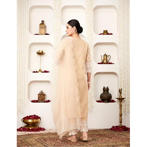 Amazon Brand - Myx Women's Embroidered Cotton Kurta Pant Set With Organza Dupatta (Ss25-Myx-Sur-Ks-18_Beige_Xl)