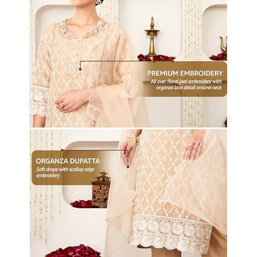 Amazon Brand - Myx Women's Embroidered Cotton Kurta Pant Set With Organza Dupatta (Ss25-Myx-Sur-Ks-18_Beige_Xl)