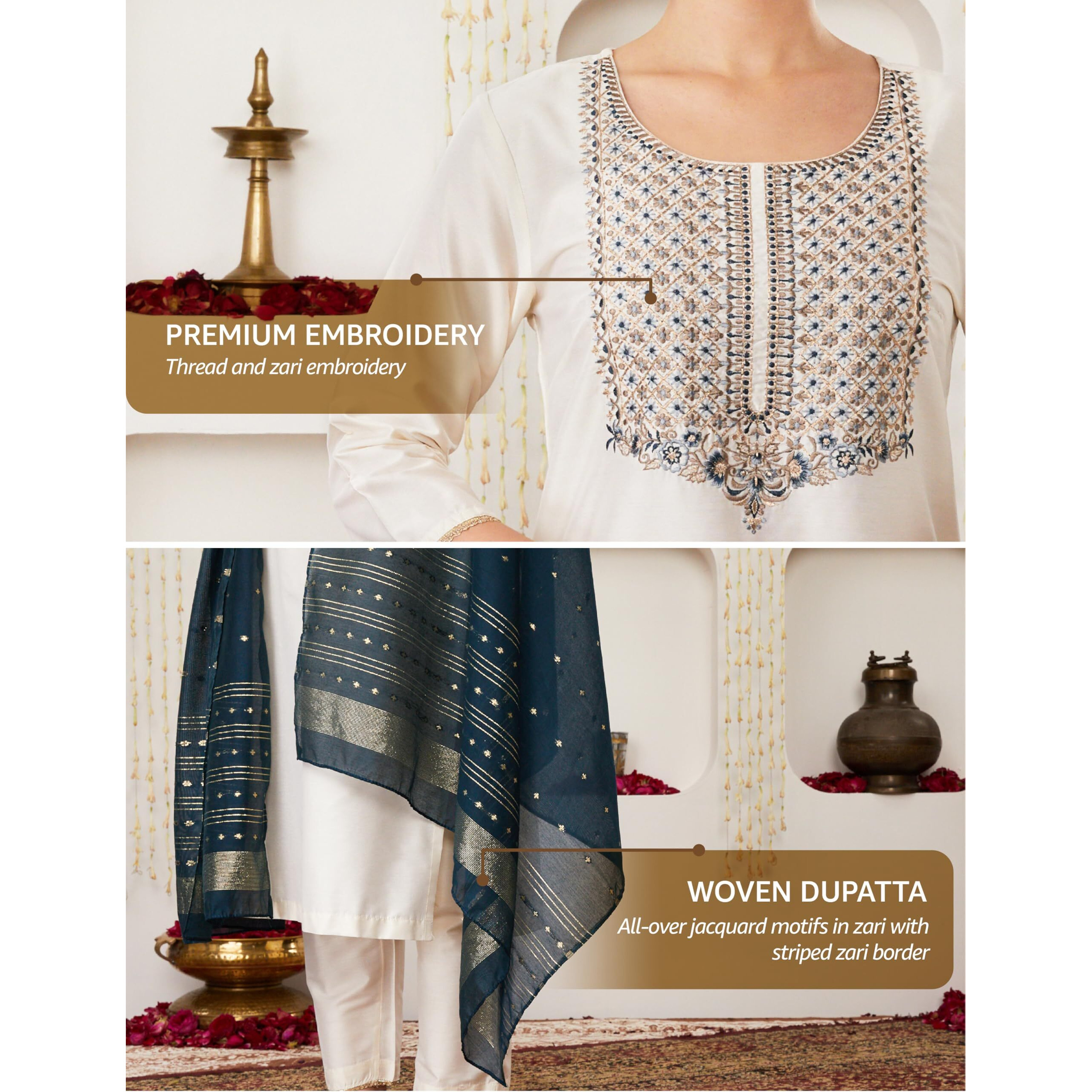 Amazon Brand - Myx Women's Embroidered Kurta Pant Set With Contrast Dupatta (Ss25-Myx-Ven-Ks-08_Teal Blue_Xl)