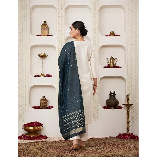 Amazon Brand - Myx Women's Embroidered Kurta Pant Set With Contrast Dupatta (Ss25-Myx-Ven-Ks-08_Teal Blue_Xs)