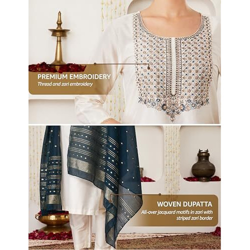 Amazon Brand - Myx Women's Embroidered Kurta Pant Set With Contrast Dupatta (Ss25-Myx-Ven-Ks-08_Teal Blue_Xs)