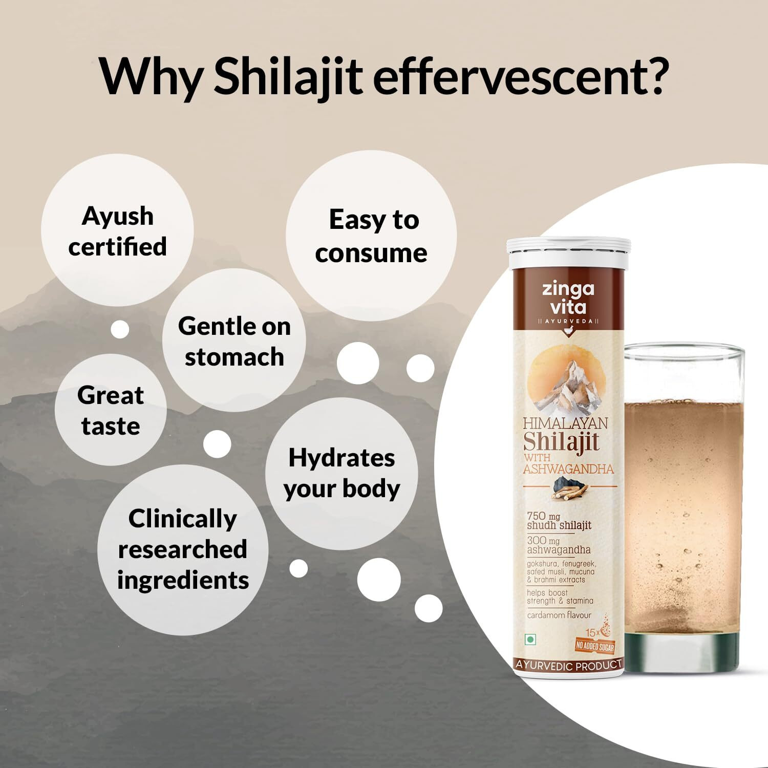 Zingavita Himalayan Shilajit For Men Pure Original Shilajit/Shilajeet (750 Mg) With Ashwagandha Effervescent Tablets For Stamina & Performance Cardamom Flavour | 100% Ayurvedic | Pack Of 3
