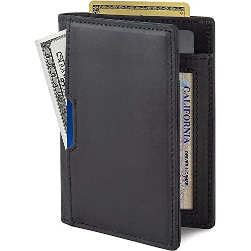 Contacts Wallets For Men Slim Mens Genuine Leather Rfid Blocking Minimalist Card Front Pocket Bifold Card Holder Wallet With Smart Pull Strap | Folded Currency Slot (Black)