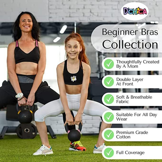 Dchica Sports Bra For Girls, Cotton Non Padded Full Coverage Beginners Non-Wired T-Shirt Gym Workout Bra With Regular Broad Strap, Activewear Training Bra For Teenager Kids (Pack Of 2) Black