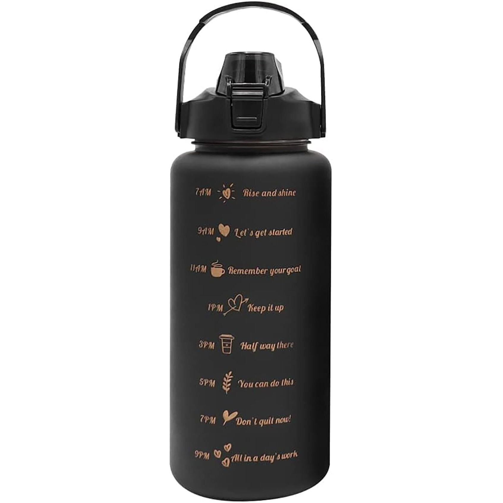 House Of Quirk Plastic 2 Litre 3D Sticker Water Bottle With Straw, Unbreakable Sports Water Bottles With Handle, Leak Proof Drinks Bottle Bpa Free For Gym Fitness Outdoor Sports - Black