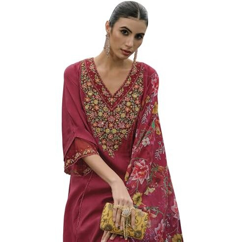 Indo Era Women's Red Embroidered Silk Blend A-Line Kurta & Pant With Dupatta Set (Ieout7377_Medium, Regular Fit)