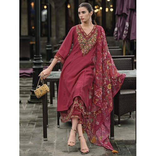 Indo Era Women's Red Embroidered Silk Blend A-Line Kurta & Pant With Dupatta Set (Ieout7377_Medium, Regular Fit)