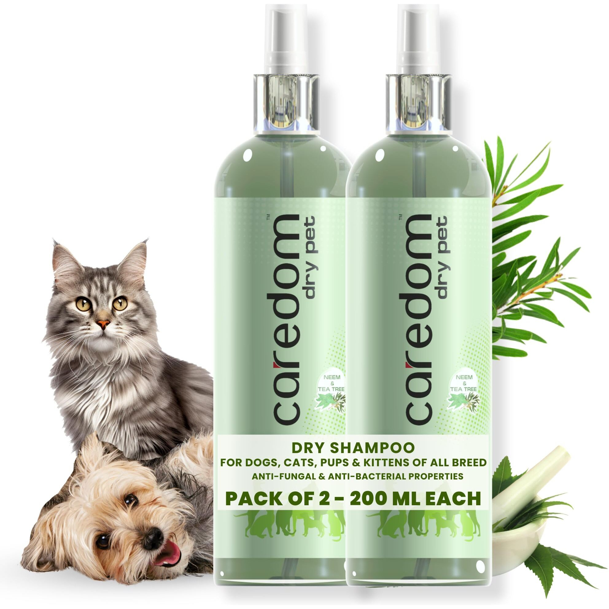 Caredom Combo Offer Dry Dog Shampoo & Cat Dry Shampoo For Water Free Bath|Dry Shampoo Spray With Neem & Tea Tree|Dog & Cat Shampoo|Pack Of 2 (200 Milliliter), 400 Milliliter