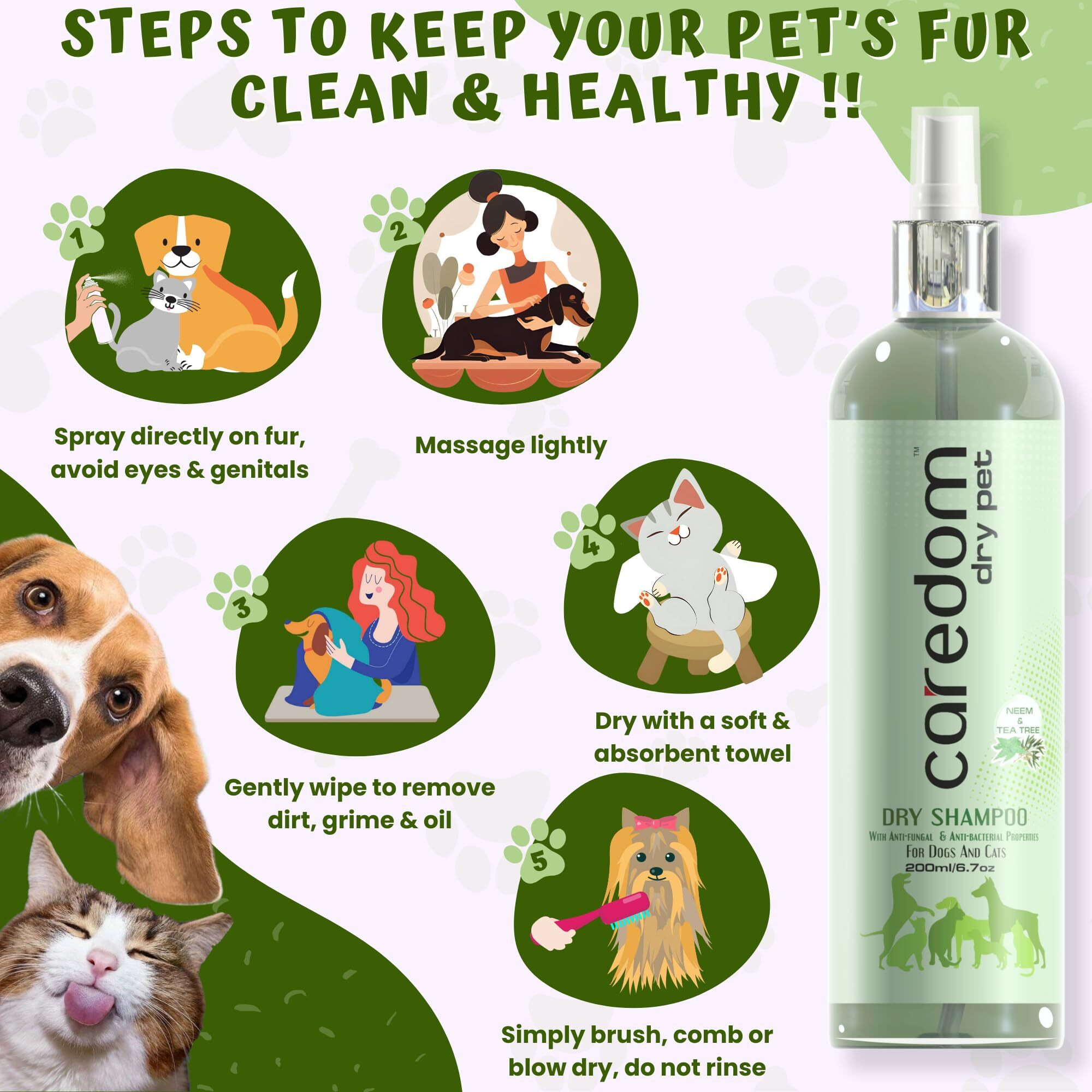 Caredom Combo Offer Dry Dog Shampoo & Cat Dry Shampoo For Water Free Bath|Dry Shampoo Spray With Neem & Tea Tree|Dog & Cat Shampoo|Pack Of 2 (200 Milliliter), 400 Milliliter