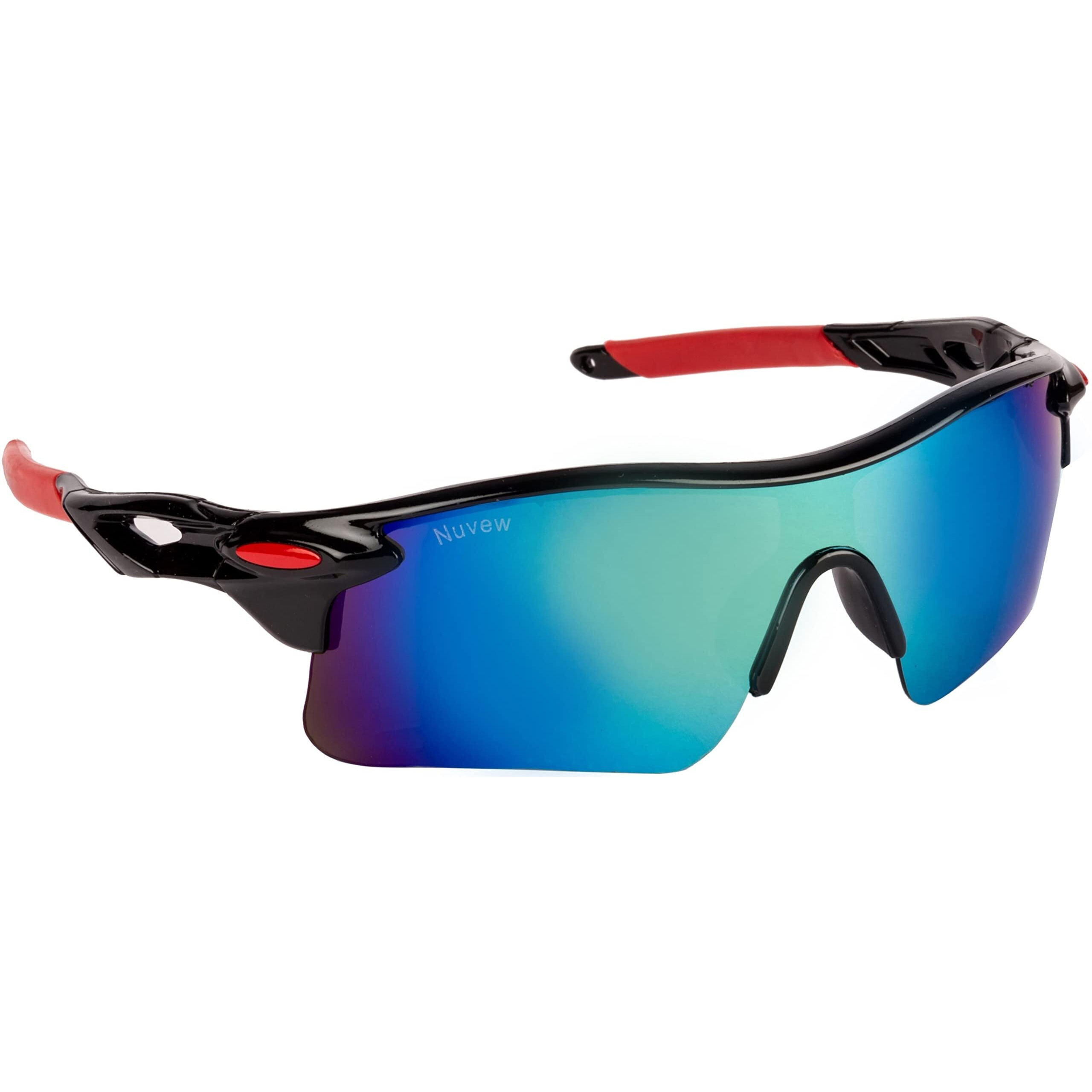 Nuvew Mirrored Unisex Sports Sunglasses - (Mirror Blue-Green Lens | Black-Red Frame | Medium Size | Nw-Oakly-29)