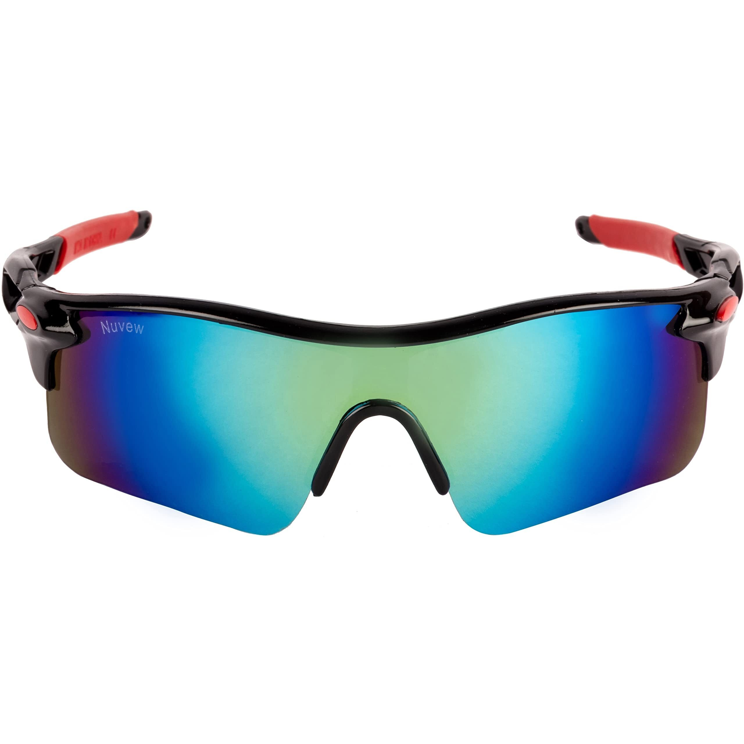 Nuvew Mirrored Unisex Sports Sunglasses - (Mirror Blue-Green Lens | Black-Red Frame | Medium Size | Nw-Oakly-29)