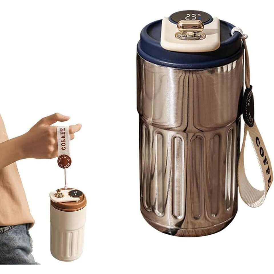 Jugte Coffee Mug Cup Digital Display, Thermos Flasks, 460 Ml, 316 Stainless Steel Travel Mug, Insulated Vacuum Thermal Mug, Leak-Proof Travel Mug With Lid For Coffee (Silver Blue)