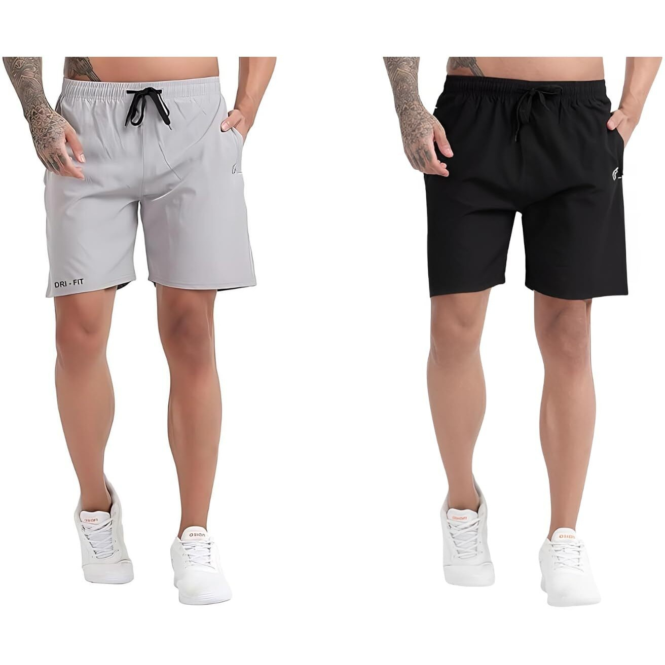 Blue Star Shark Athletic Sports Shorts For Men With Zip Pockets And Elastic Waistband Quick Dry Lightweight Activewear Combo - Pack Of 2 (Color Grey And Black, SizeM)