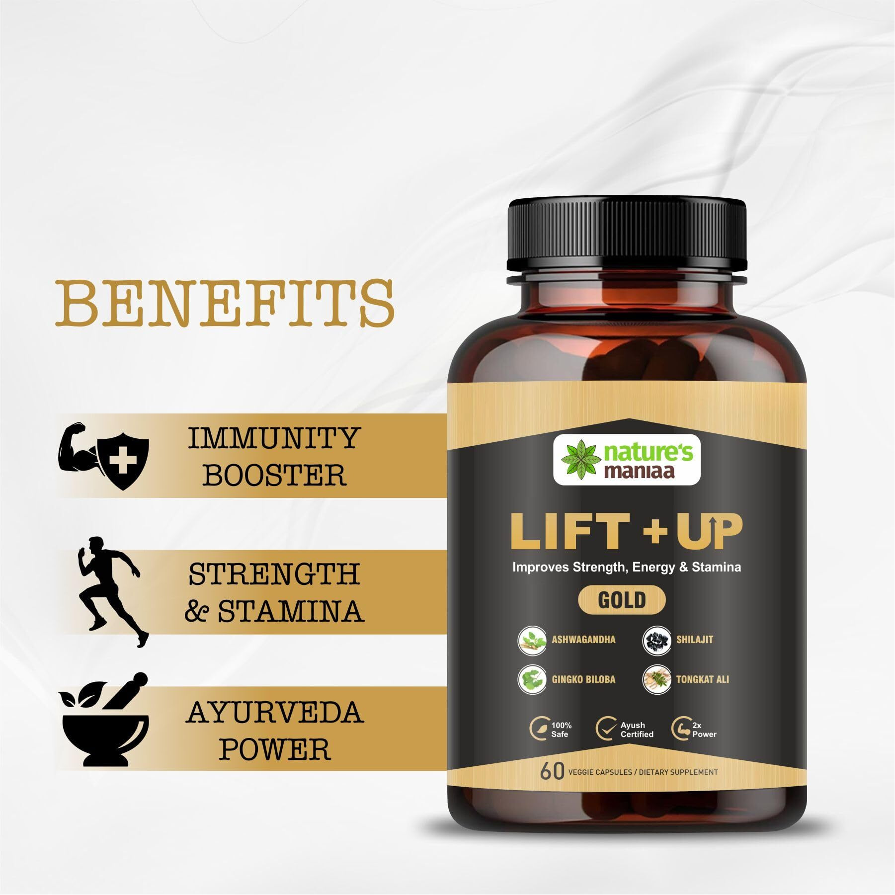 Nature's Maniaa Ayurvedic Lift-Up Gold Capsule - 60 Capsules | For Men | Pack Of 1 Count