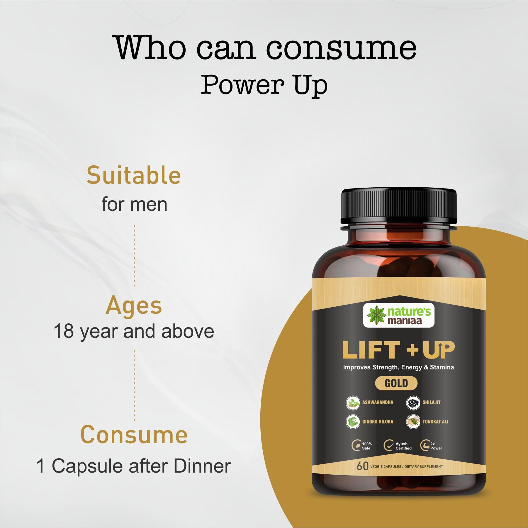 Nature's Maniaa Ayurvedic Lift-Up Gold Capsule - 60 Capsules | For Men | Pack Of 1 Count