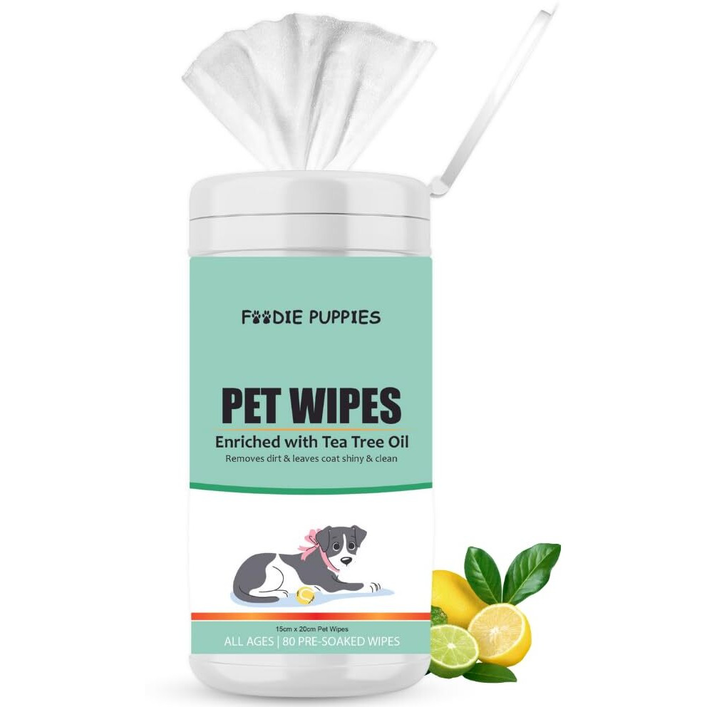 Foodie Puppies Anti-Bacteria 80 Pulls Pet Wet Canister Wipes - 80 Wipes | Lemon & Green Tea Scented Wipes For Dogs, Puppies, Cats, Kittens & Small Animals | Sls Free, Paraben Free & Cruelty Free