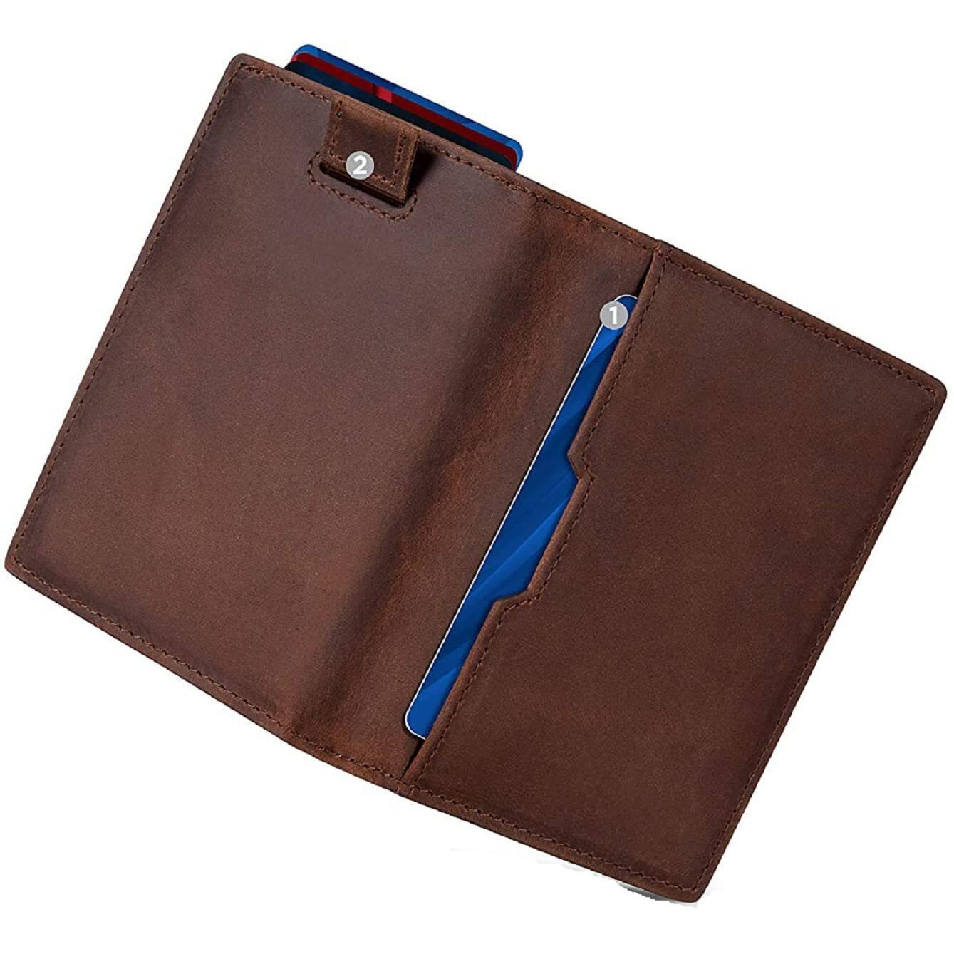 Contacts Wallets For Men Slim Mens Genuine Leather Rfid Blocking Minimalist Card Front Pocket Bifold Card Holder Wallet With Smart Pull Strap | Folded Currency Slot (Brown)