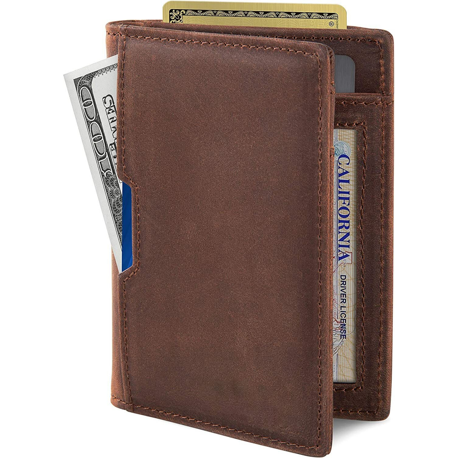 Contacts Wallets For Men Slim Mens Genuine Leather Rfid Blocking Minimalist Card Front Pocket Bifold Card Holder Wallet With Smart Pull Strap | Folded Currency Slot (Brown)